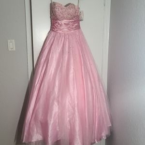 Baby pink ball gown with ruched satin midsection and beaded bust size 6